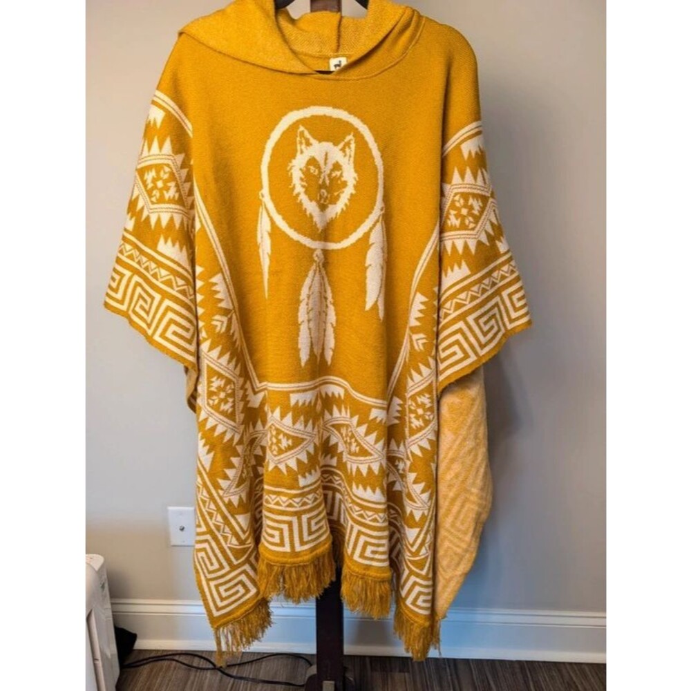 Handmade Ecuadorian Mustard Wolf Hooded Alpaca Poncho